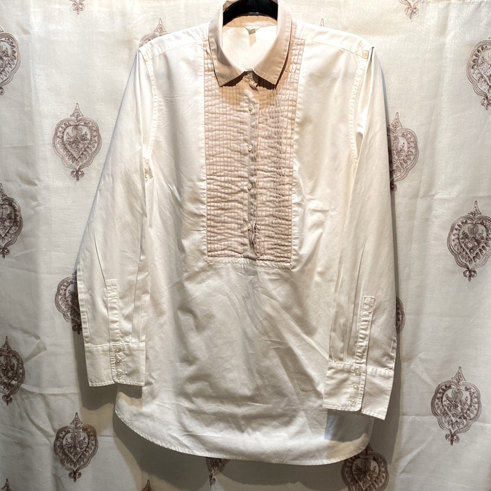 J. CREW TUX-STYLE 1/2 BUTTON-DOWN TUNIC SHIRT SZ S WHITE/ BEIGE